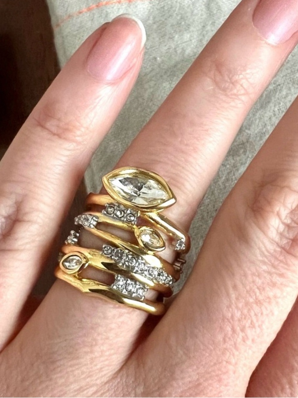 NEW Alexis Bittar Navette Crystal Stacked Thorn Ring Size 6.5 Gold AU31